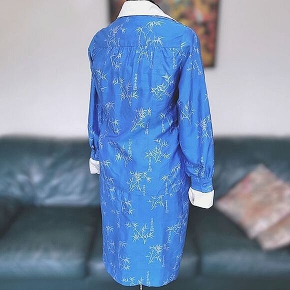 Vtg raw silk blue bamboo print skirt set - Picture 2 of 16